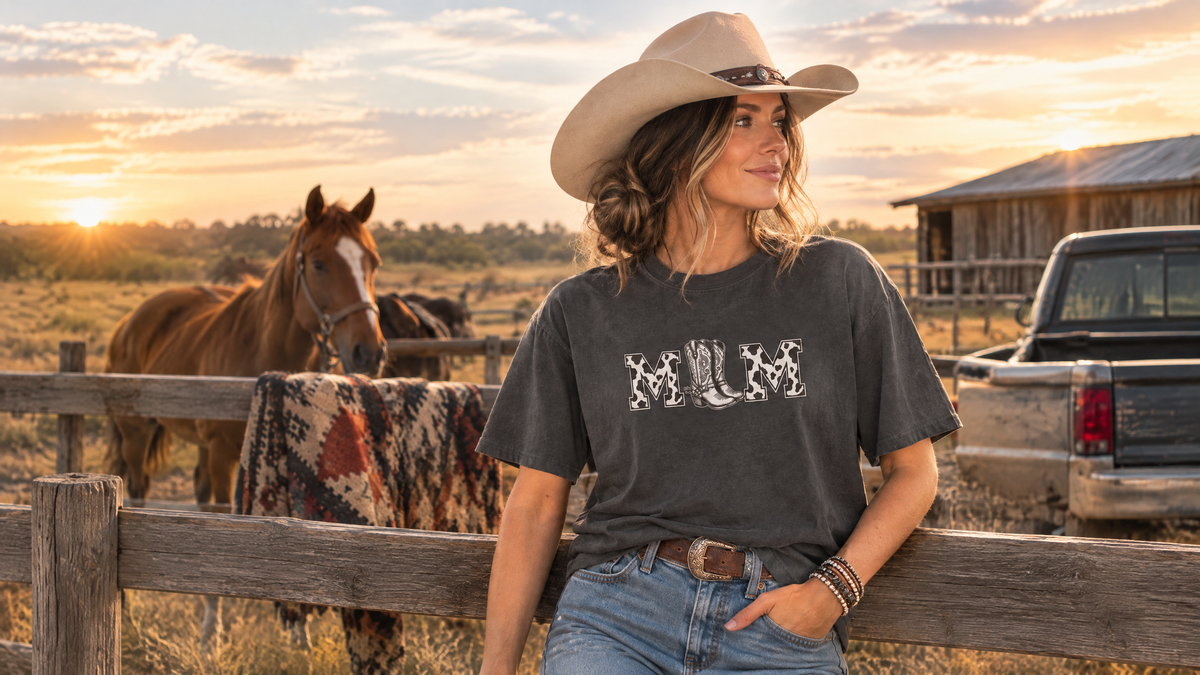 Woman in a cowboy hat and a mom graphic t-shirt standing by a wooden fence at sunset