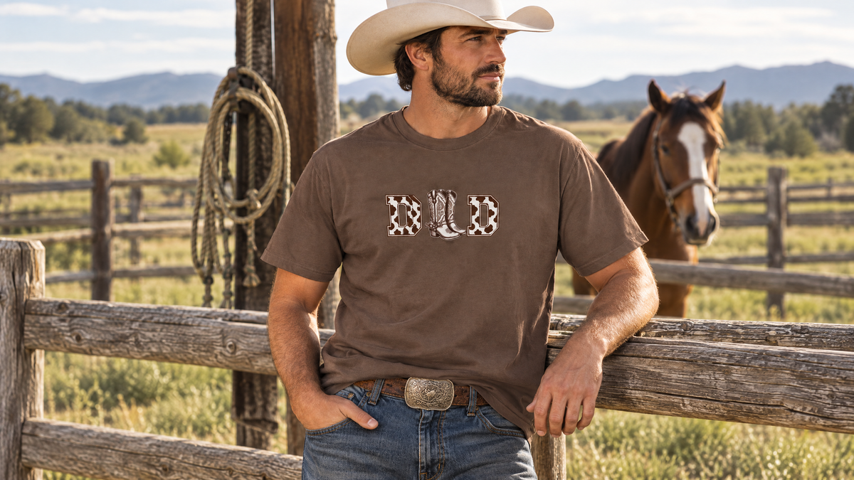 A bearded man wearing a cowboy hat and a brown “DAD” T-shirt with cow-print lettering and a cowboy boot graphic, leaning against a rustic ranch fence with a horse and mountain landscape in the background.