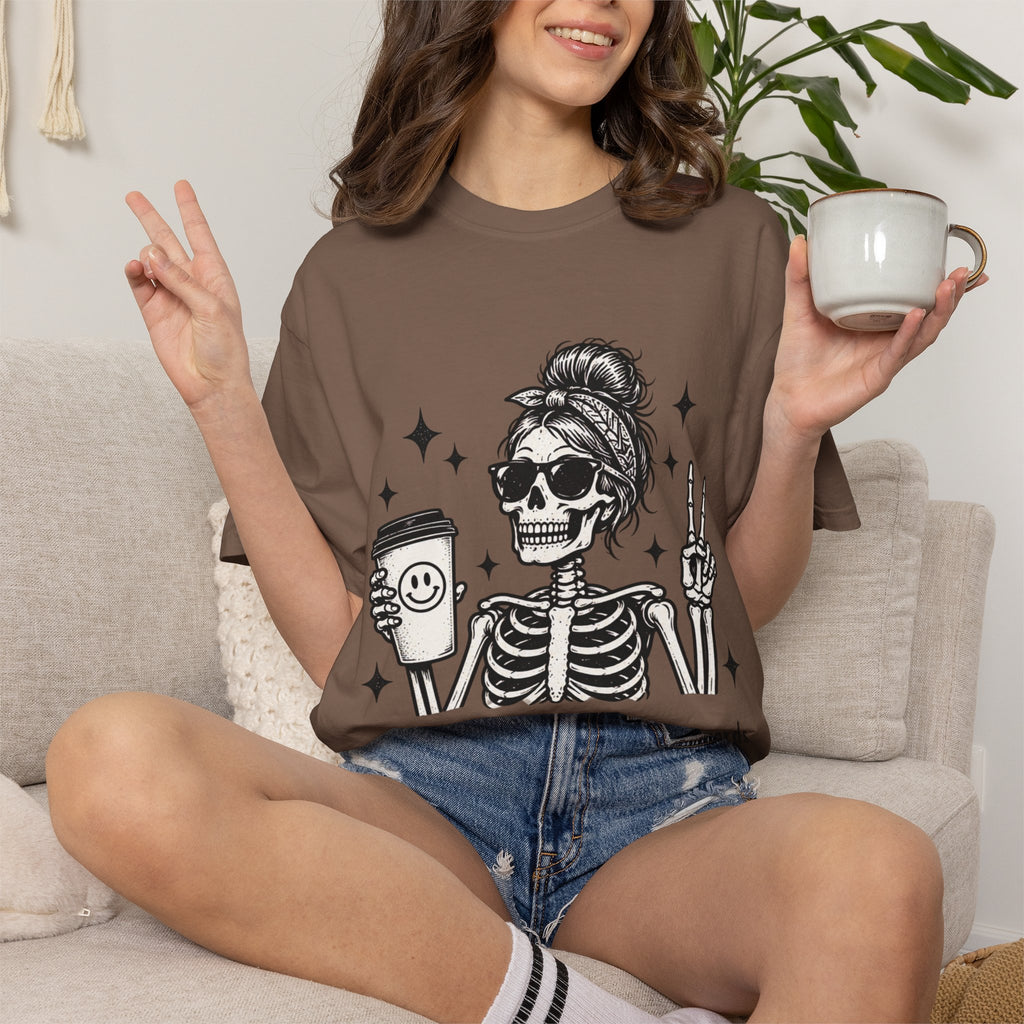 Funny Skeleton Coffee Shirt – Caffeine, Chaos & Cuss Words