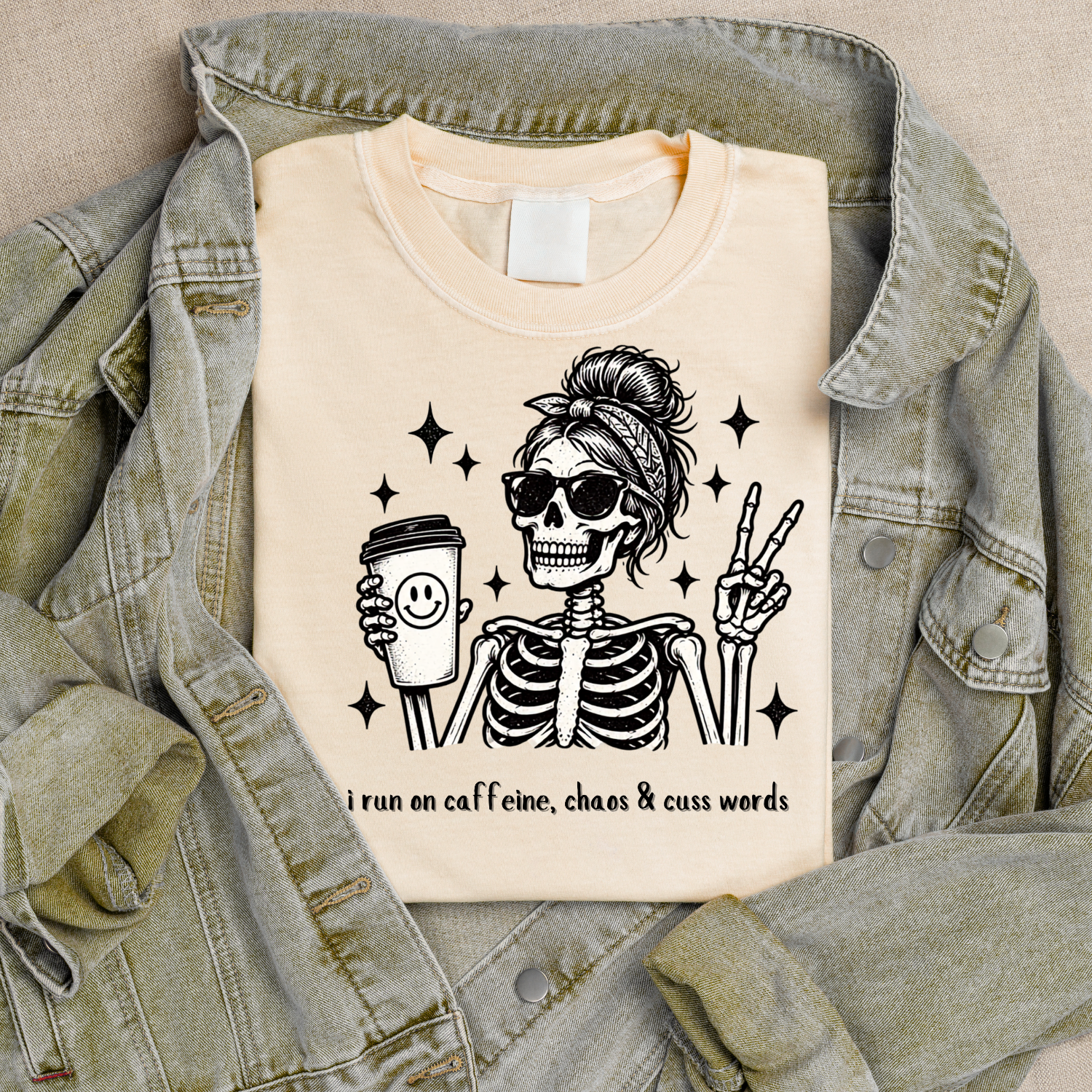 Funny Skeleton Coffee Shirt – Caffeine, Chaos & Cuss Words