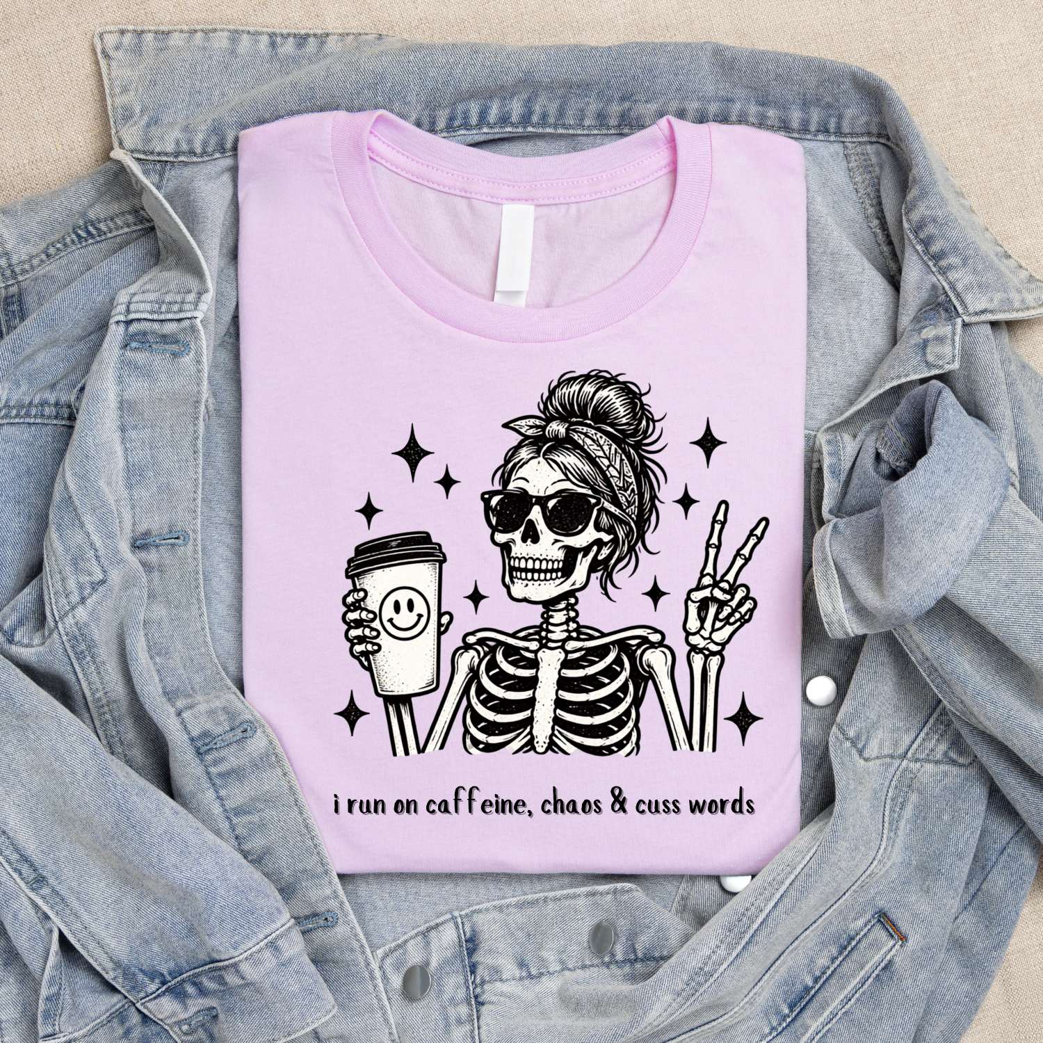 Funny Skeleton Coffee Shirt – Caffeine, Chaos & Cuss Words