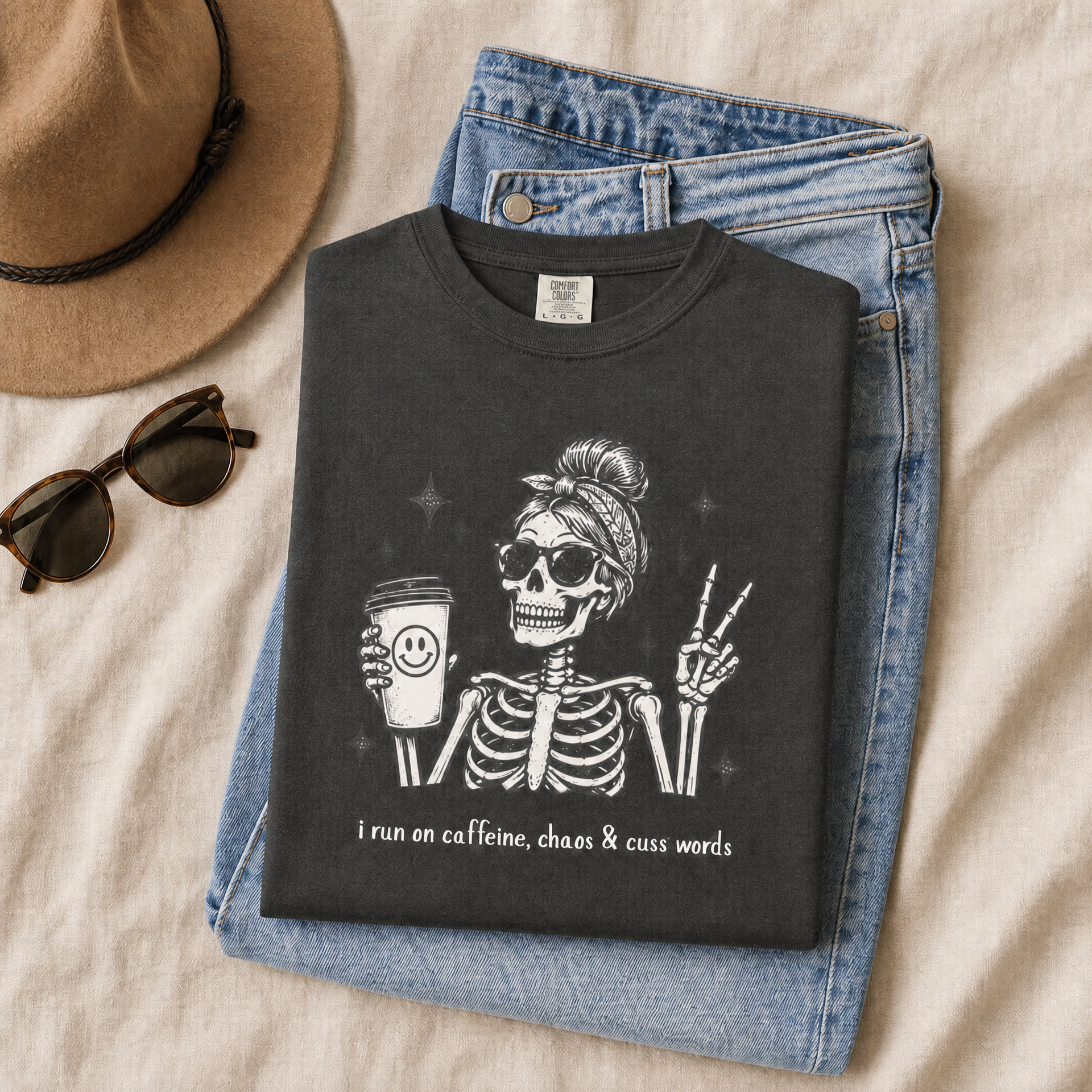 Funny Skeleton Coffee Shirt – Caffeine, Chaos & Cuss Words