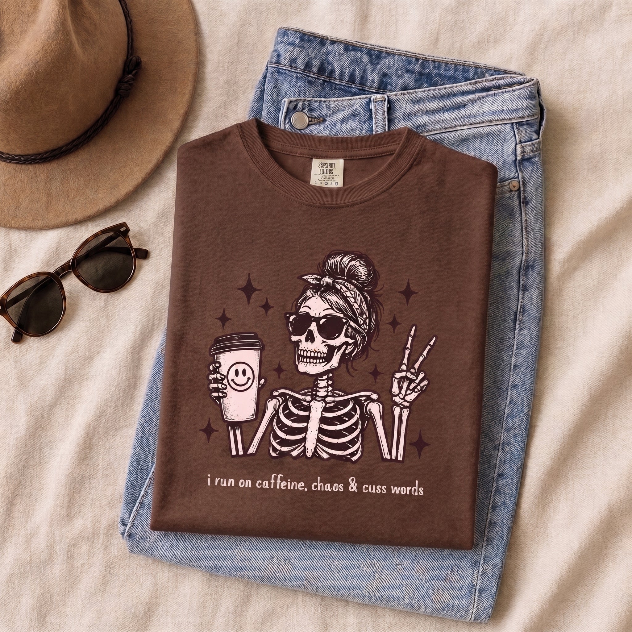 Funny Skeleton Coffee Shirt – Caffeine, Chaos & Cuss Words