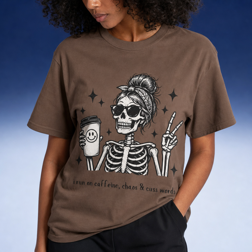 Funny Skeleton Coffee Shirt – Caffeine, Chaos & Cuss Words