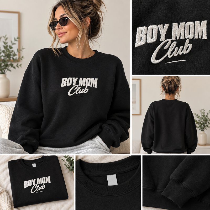 Boy Mom Club embroidered crewneck sweatshirt in black with varsity-style lettering