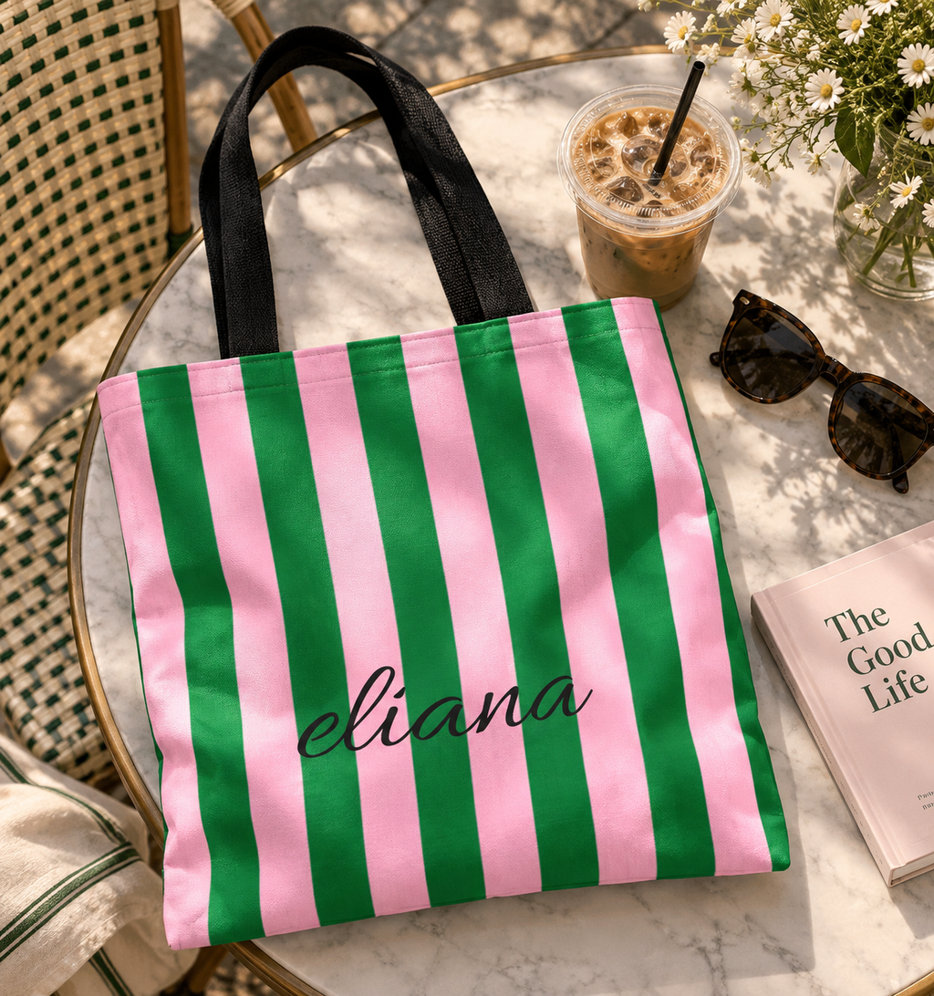 Personalized Green & Pink Striped Tote Bag (AOP)