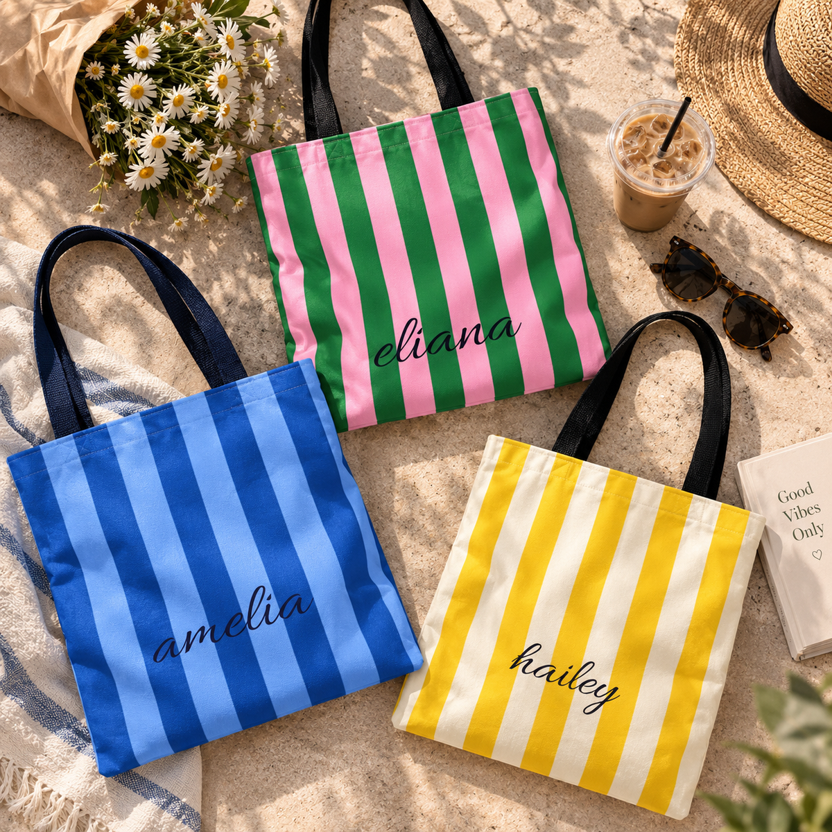 Personalized Green & Pink Striped Tote Bag (AOP)
