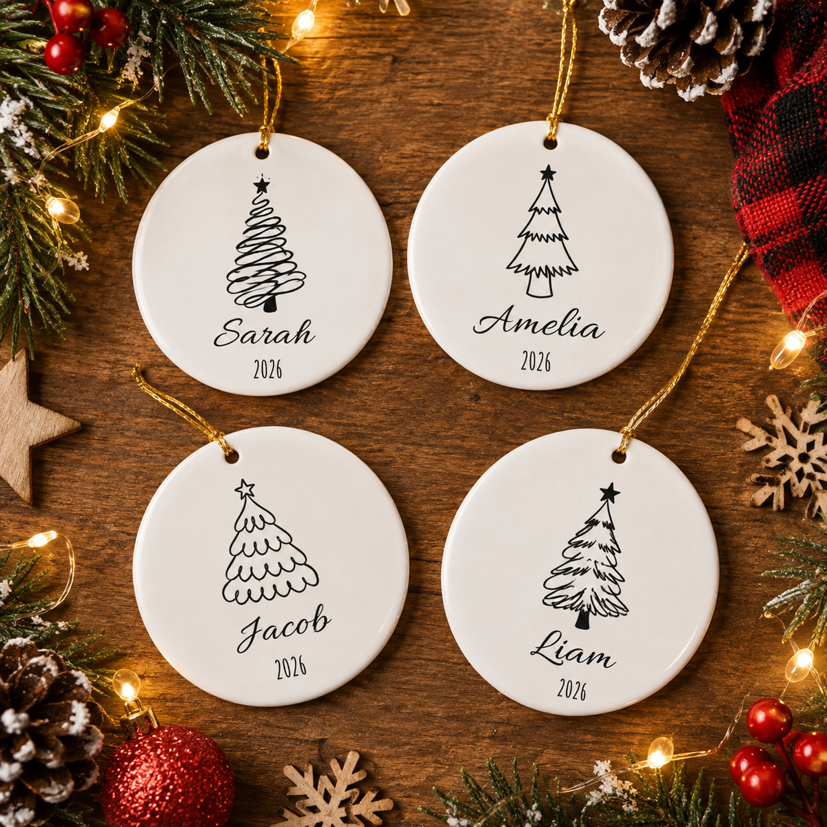 Personalized Christmas Ornament – Custom Name & Year Ceramic Christmas Tree Keepsake, Holiday Gift