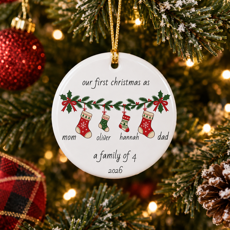 Personalized Family of 4 Christmas ornament with four stockings for mom, dad, and two kids
