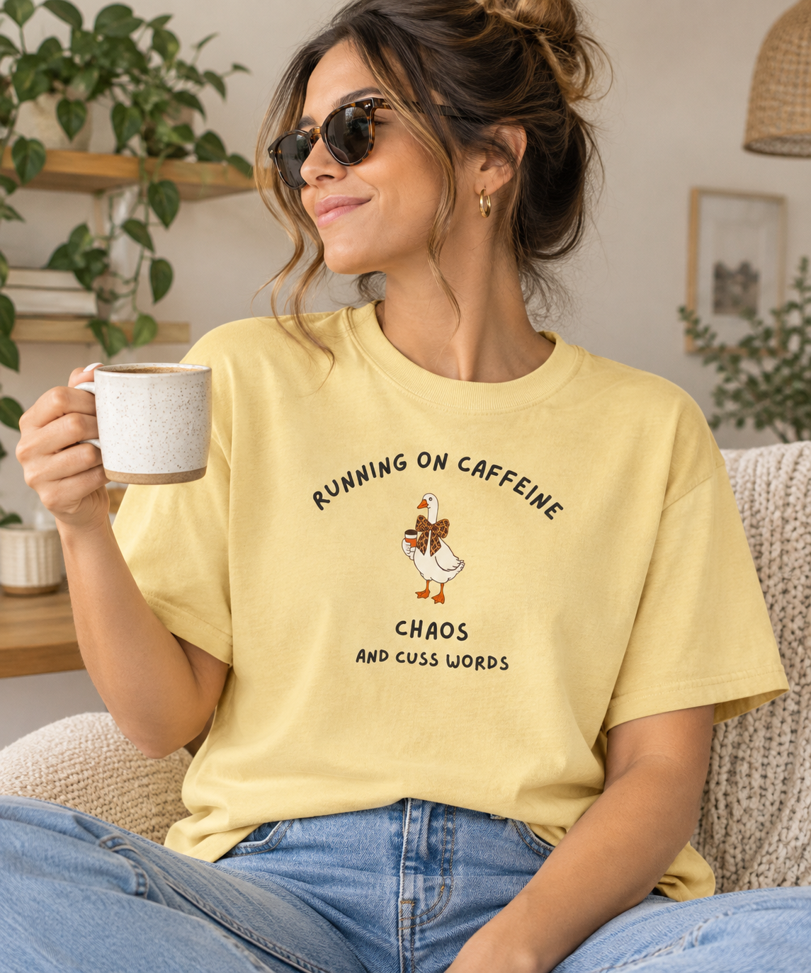 Running on Caffeine Chaos & Cuss Words T-Shirt | Funny Coffee Mom Shirt