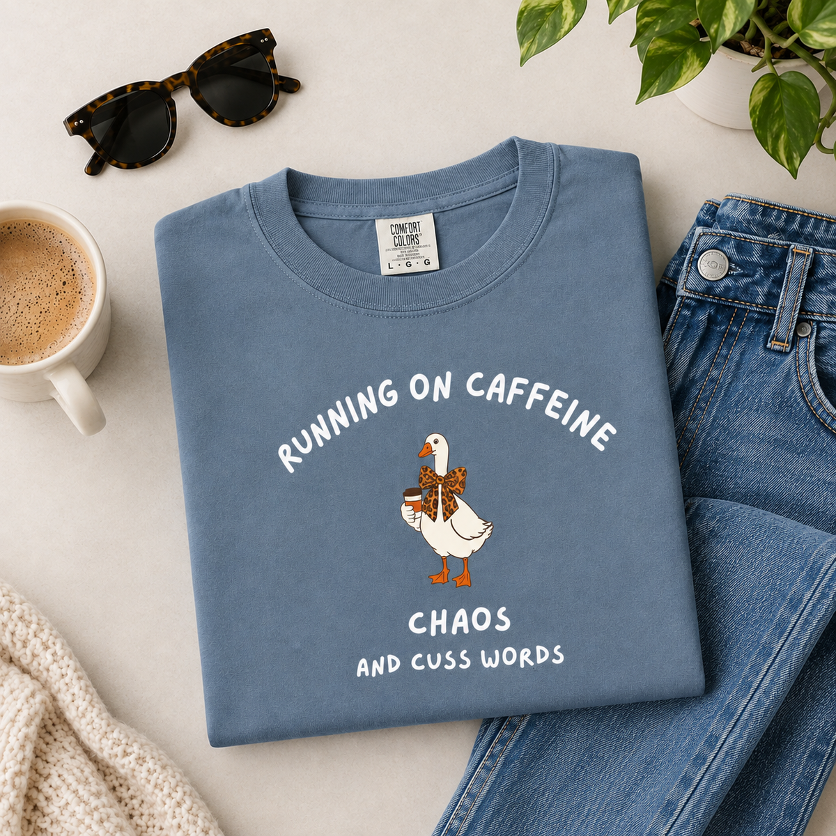Running on Caffeine Chaos & Cuss Words T-Shirt | Funny Coffee Mom Shirt