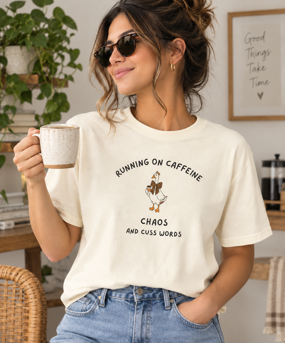 Running on Caffeine Chaos & Cuss Words T-Shirt | Funny Coffee Mom Shirt