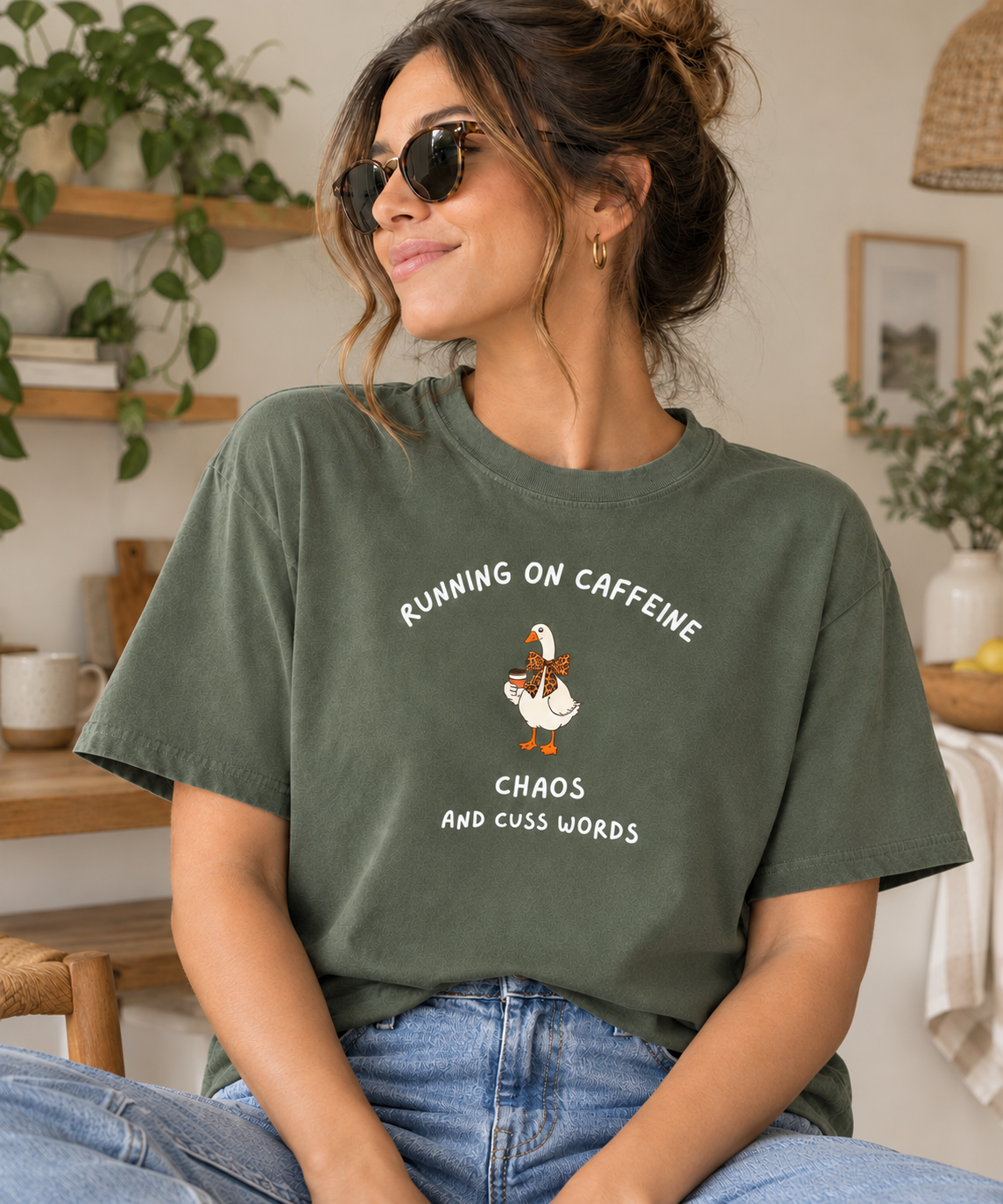 Running on Caffeine Chaos & Cuss Words T-Shirt | Funny Coffee Mom Shirt