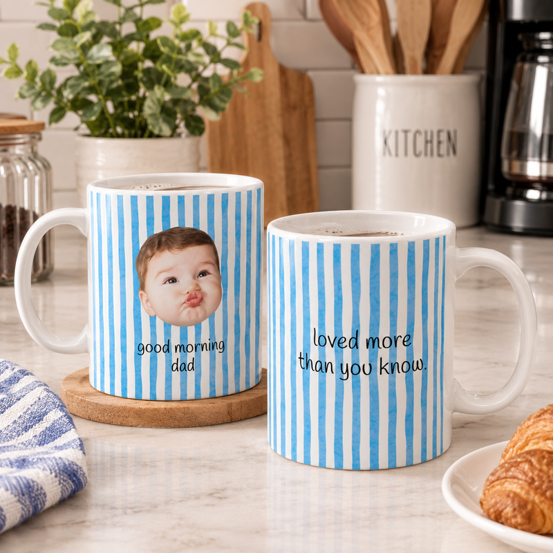 Personalized dad photo mug with a custom baby picture and message