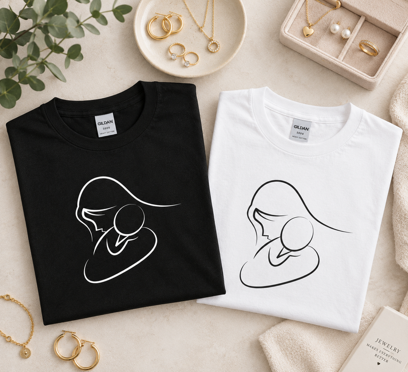 Mama and Baby t-shirt with a minimalist line-art design of a mother embracing her baby