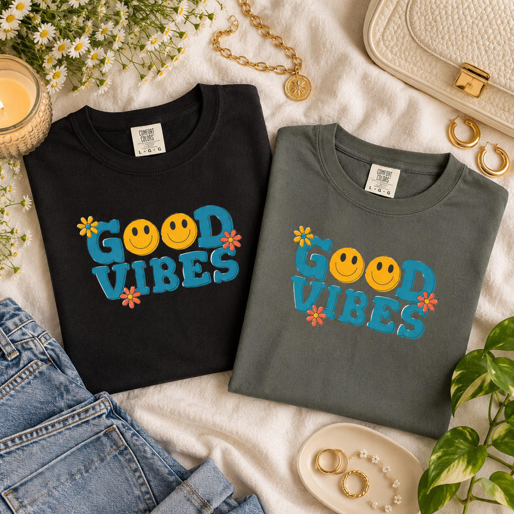 Good Vibes Graphic Tee | Retro Smiley Face Shirt