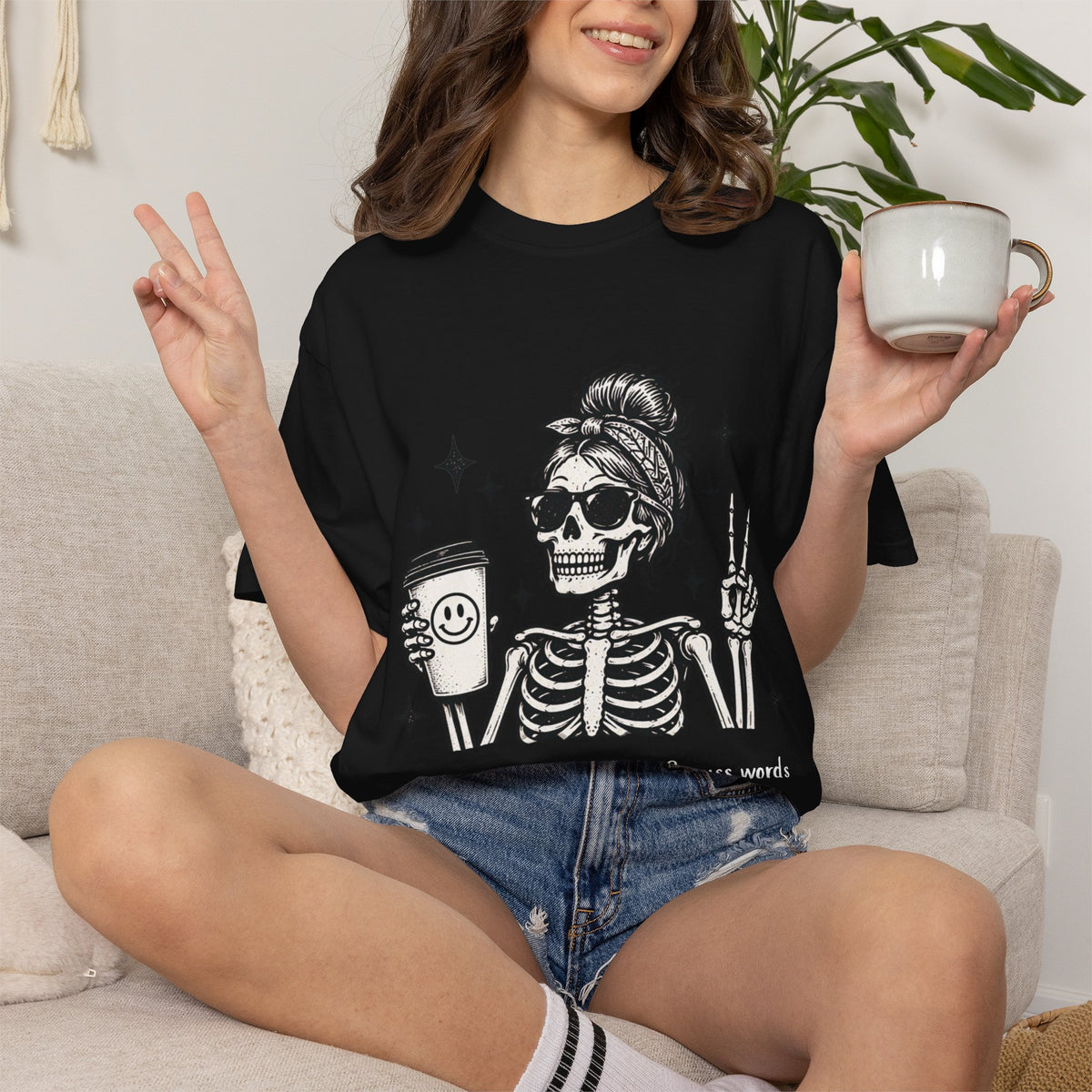 Funny Skeleton Coffee Shirt – Caffeine, Chaos & Cuss Words